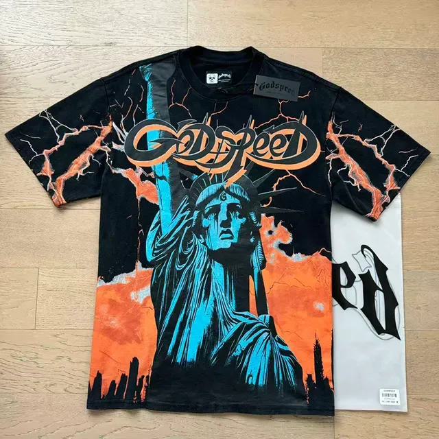 Black Graphic Print Statue of Liberty Lightning T-Shirt 6