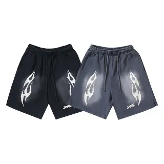 Black Gray Relaxed-Fit Flame-Print Shorts