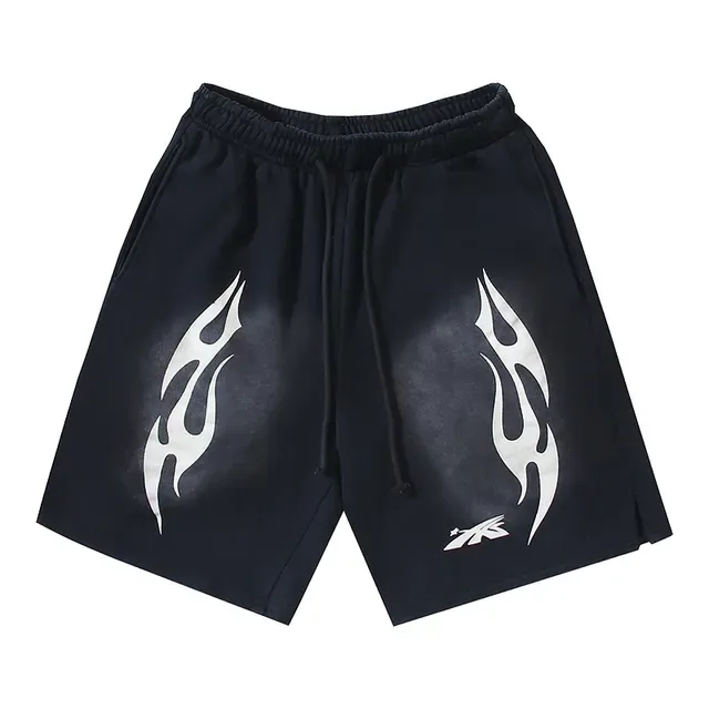 Black Gray Relaxed-Fit Flame-Print Shorts 2