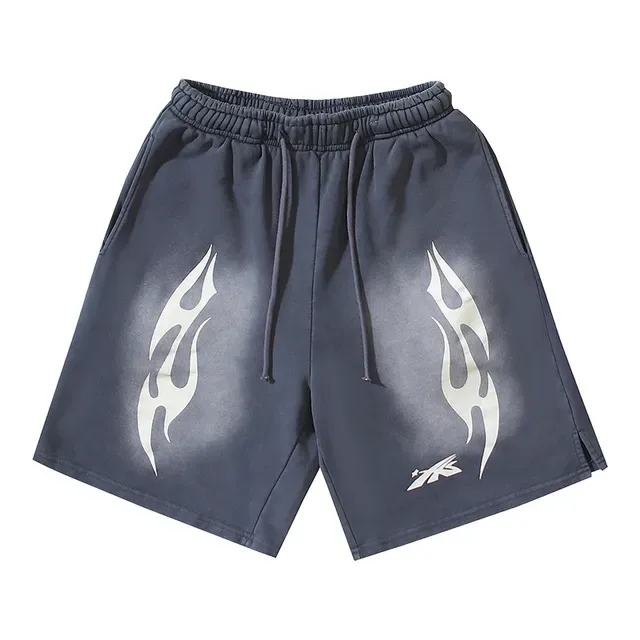 Black Gray Relaxed-Fit Flame-Print Shorts 4