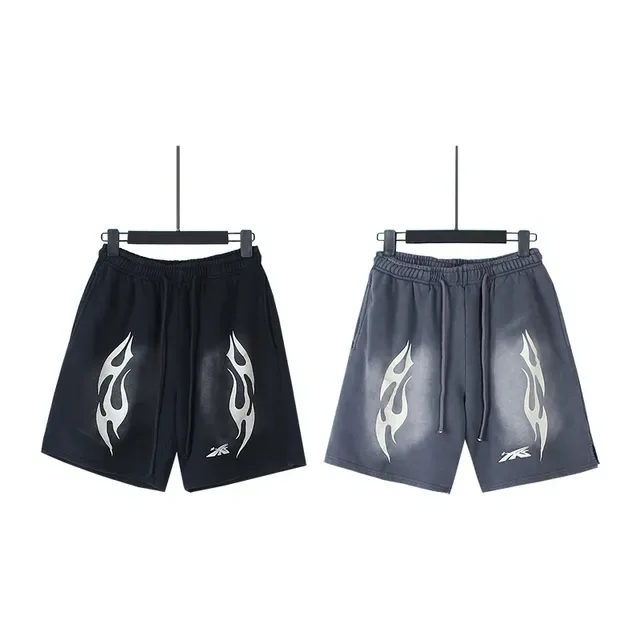 Black Gray Relaxed-Fit Flame-Print Shorts 6