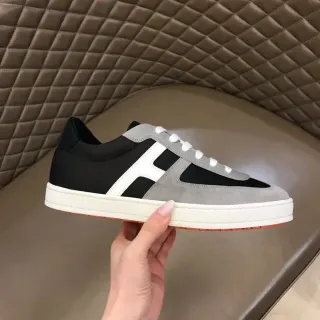Black Gray White H-Stripe Mixed-Material Low-Top Sneaker