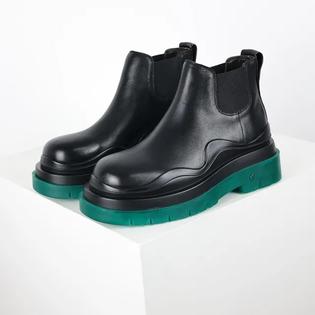 Black Green Smooth Leather Upper Elastic Side Panels Chelsea Boots 2