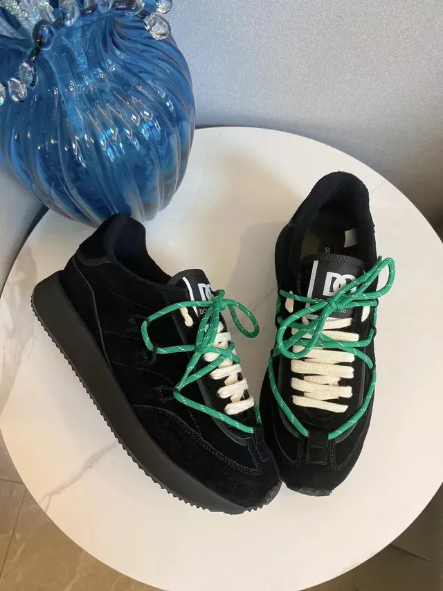 Black Green Suede Upper Thick Platform Sole Sneakers 2