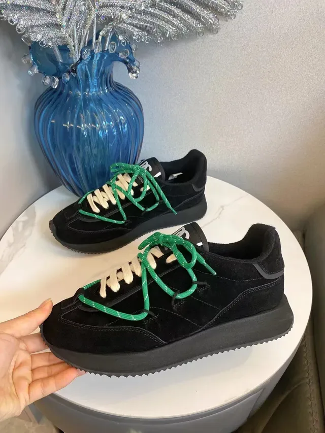 Black Green Suede Upper Thick Platform Sole Sneakers 9