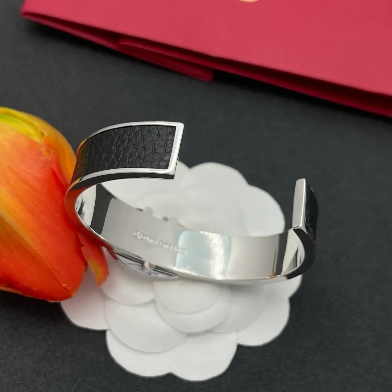 Black Leather and Silver-Tone Logo Cuff Bracelet 4