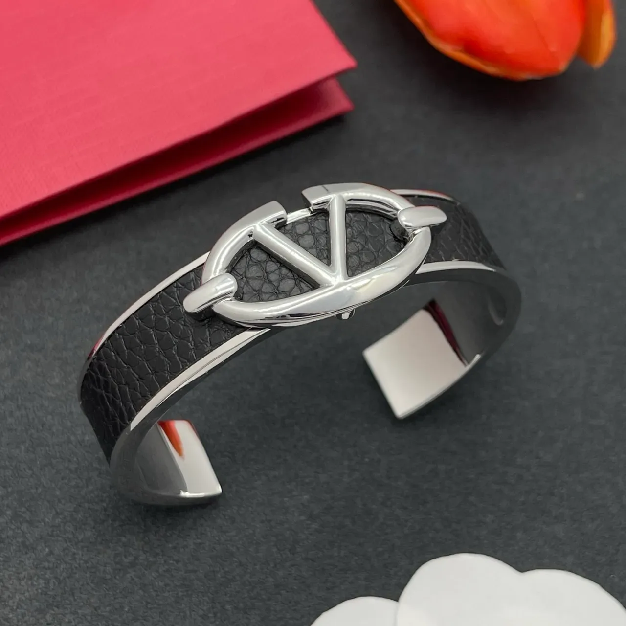Black Leather and Silver-Tone Logo Cuff Bracelet 7