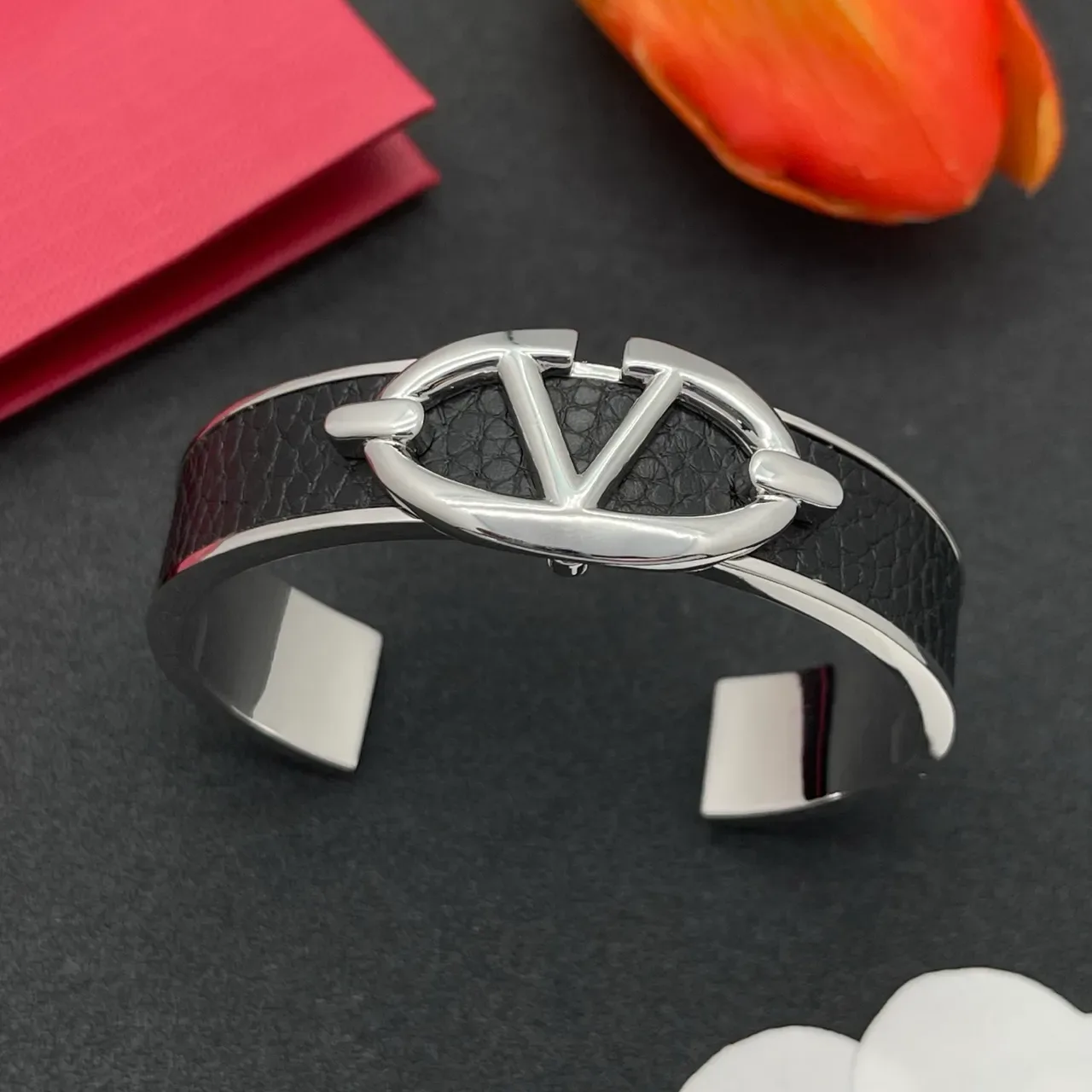Black Leather and Silver-Tone Logo Cuff Bracelet 8
