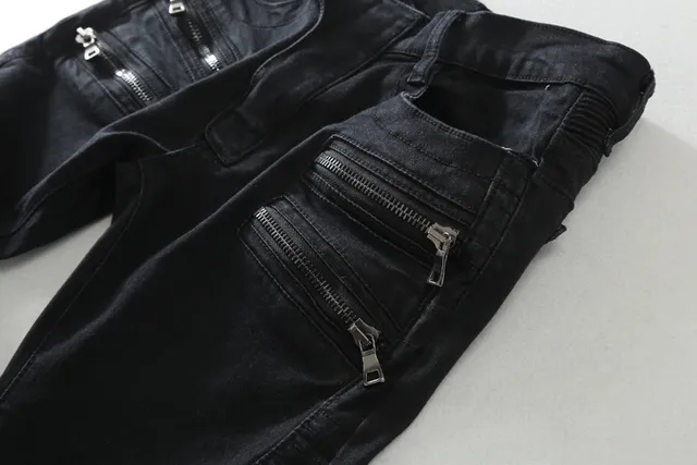 Black Moto-Style Zippered Panel Jeans 16