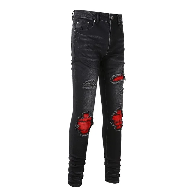 Black Red Distressed Slim-Fit Jeans 16