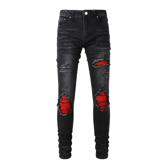 Black Red Distressed Slim-Fit Jeans 17