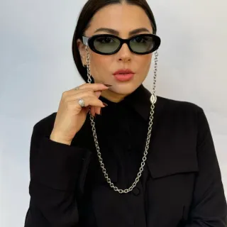 Black Silver Oval-Shaped Frame Thin Sunglasses