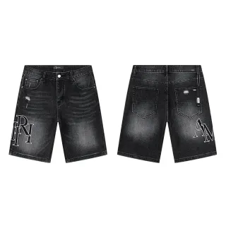 Black White Distressed Denim Embroidered Monogram Shorts