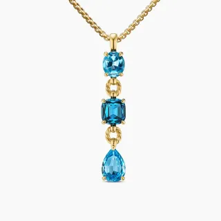 Collier bleu et or à trois pierres avec chute verticale et connecteurs de maillons tordus