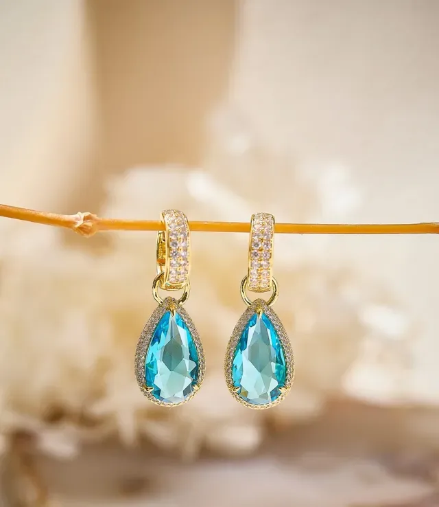 Blue Silver Teardrop Pendant Pavé Halo Earrings 4