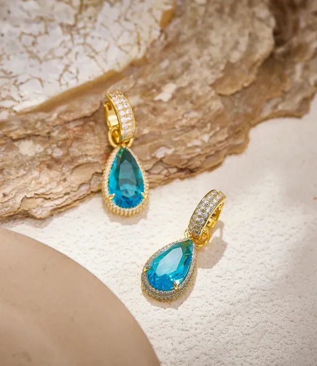 Blue Silver Teardrop Pendant Pavé Halo Earrings 6