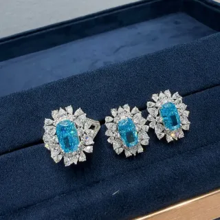 Brincos Azul e Branco Floral Halo Setting Oval-Cut Gema Central