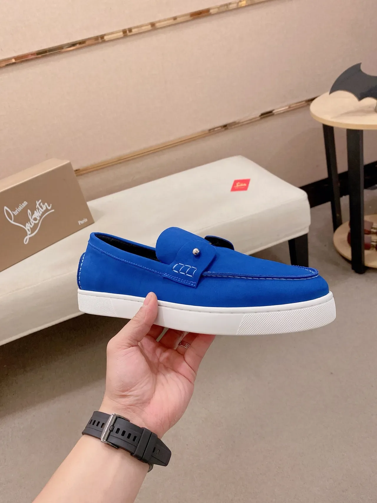 Blue White Suede-Like Upper Contrast Stitching Loafer 4