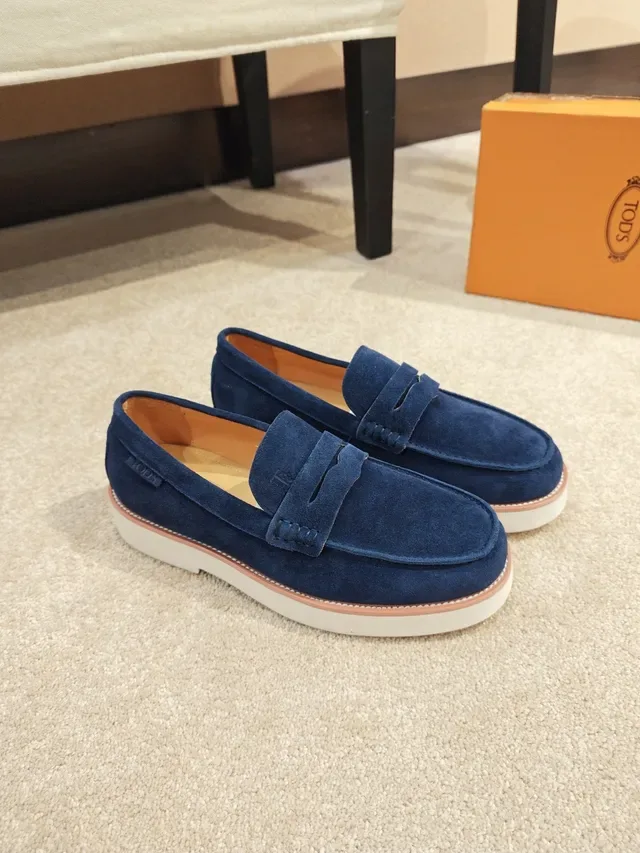 Blue White Suede Penny Strap Loafer 4