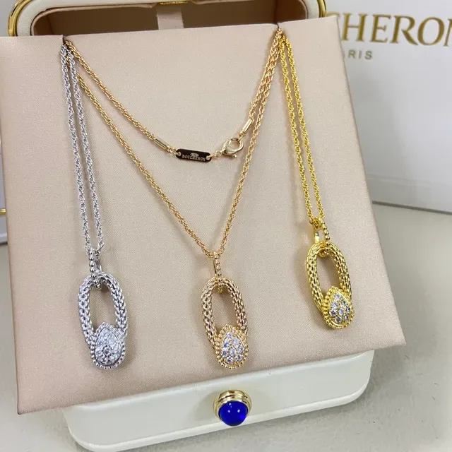 Boucheron Gold Silver Woven-Link Oval Pendant Pavé-Set Teardrop Stone Cluster Necklace 2