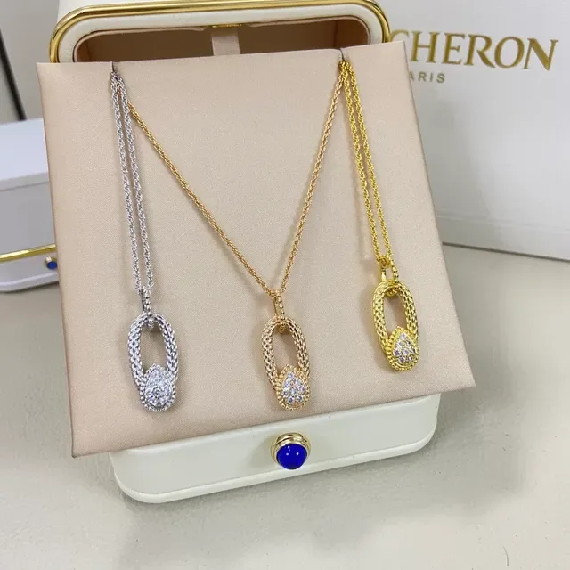 Boucheron Gold Silver Woven-Link Oval Pendant Pavé-Set Teardrop Stone Cluster Necklace 3