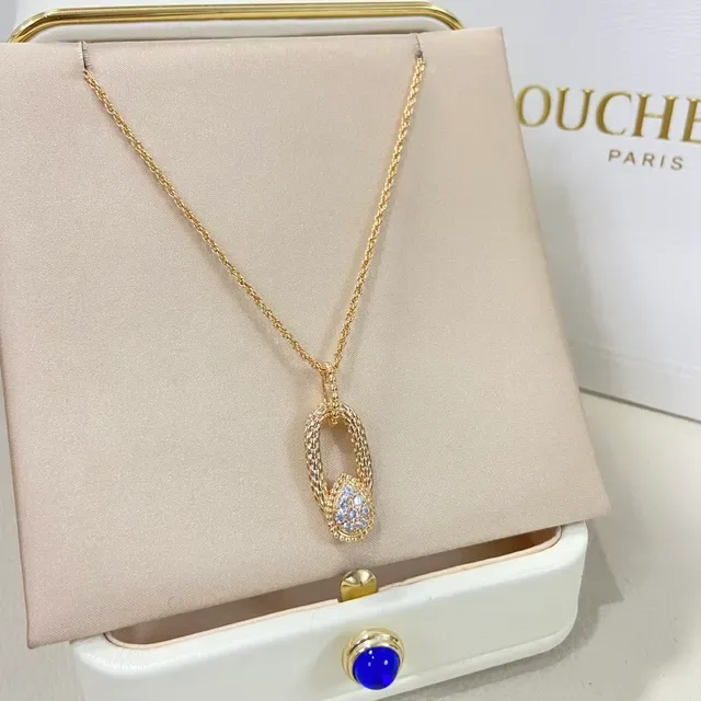 Boucheron Gold Silver Woven-Link Oval Pendant Pavé-Set Teardrop Stone Cluster Necklace 4