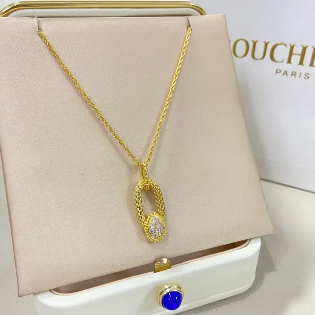Boucheron Gold Silver Woven-Link Oval Pendant Pavé-Set Teardrop Stone Cluster Necklace 5