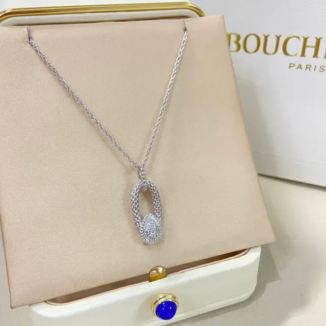 Boucheron Gold Silver Woven-Link Oval Pendant Pavé-Set Teardrop Stone Cluster Necklace 6