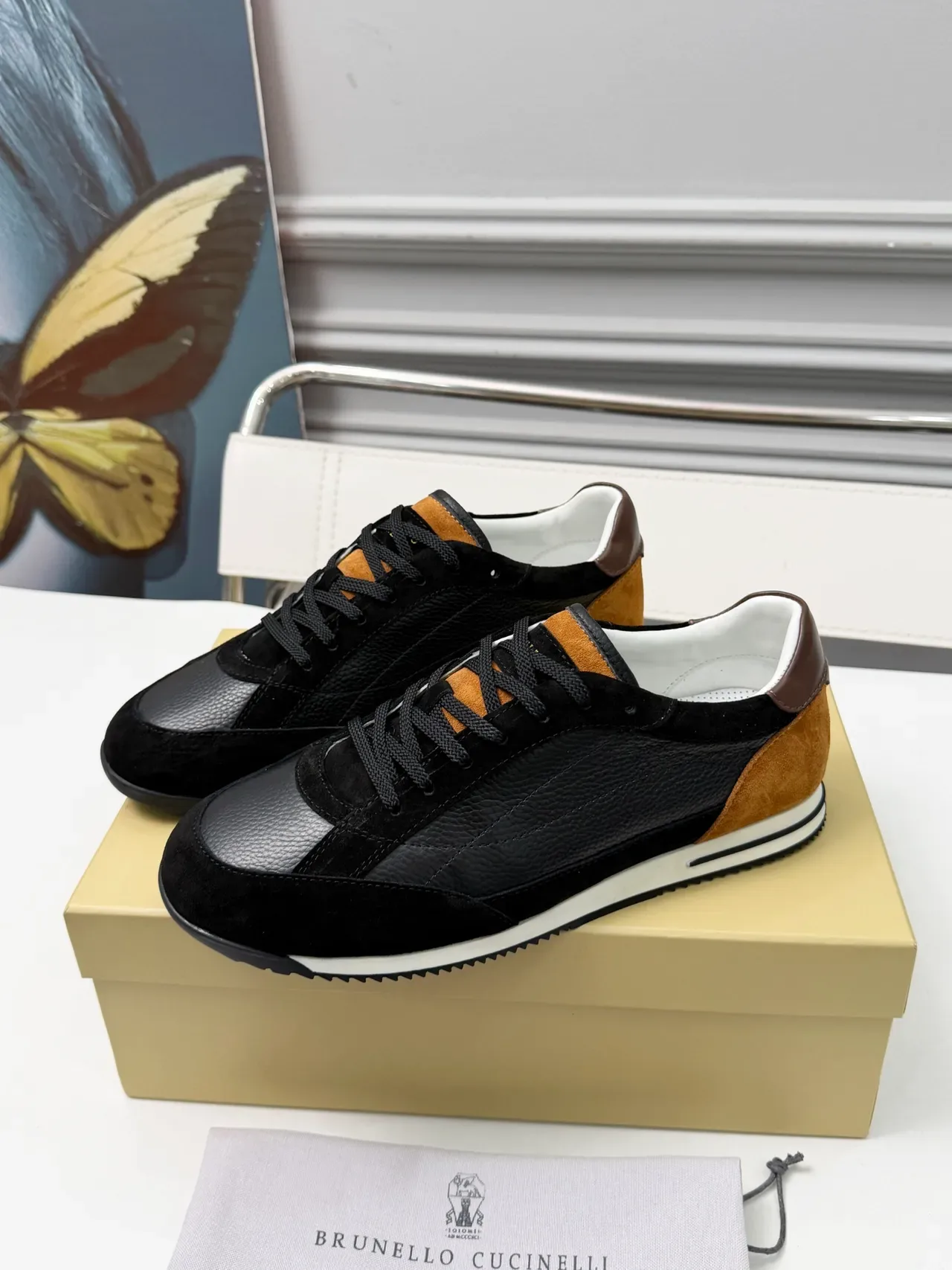 Brunello Cucinelli Black and Tan Suede Leather Lifestyle Sneakers 4