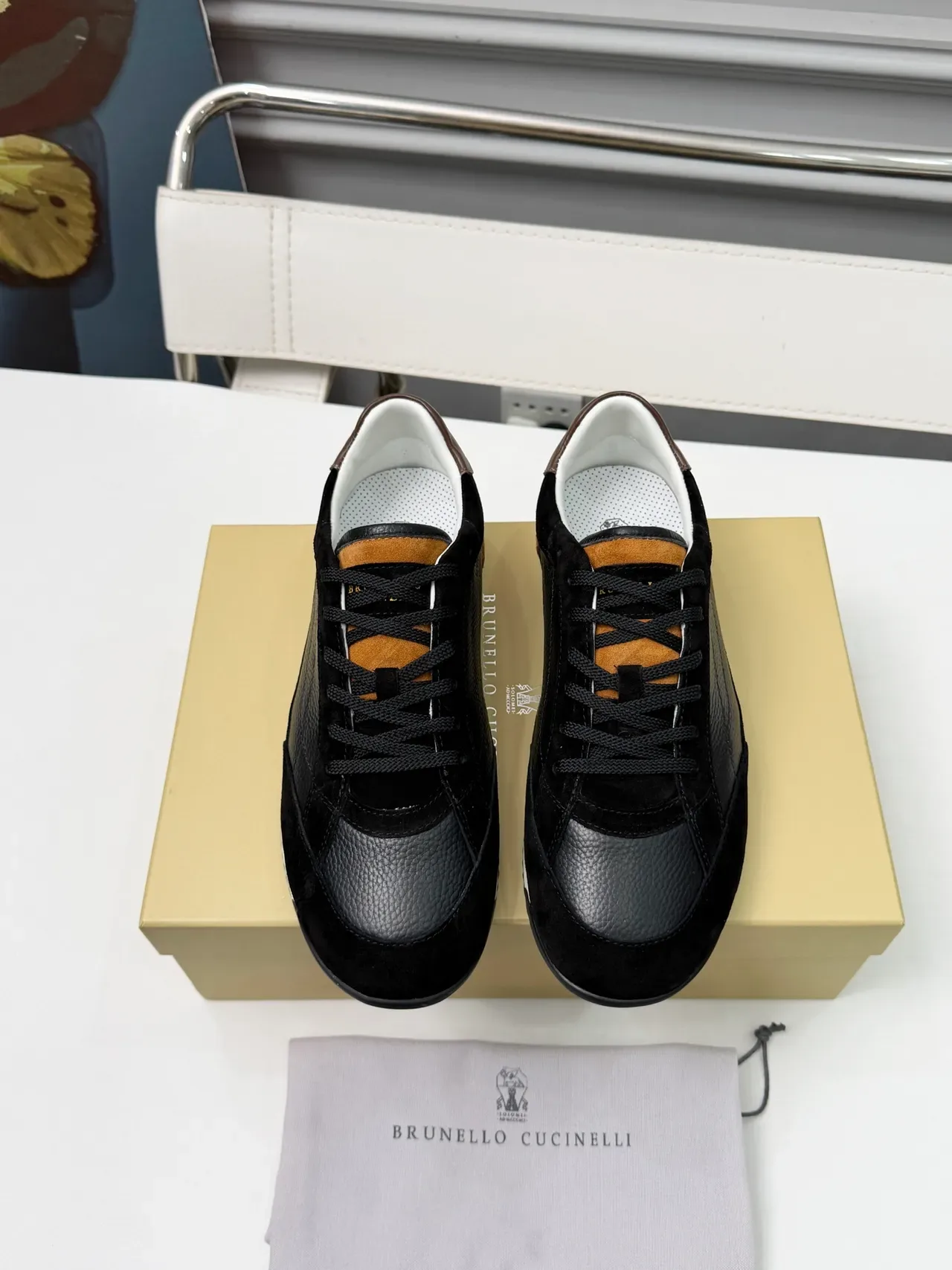 Brunello Cucinelli Black and Tan Suede Leather Lifestyle Sneakers 5