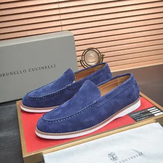 Brunello Cucinelli নীল বেইজ স্যুয়েড উপর Moc-Toe সেলাই লোফার
