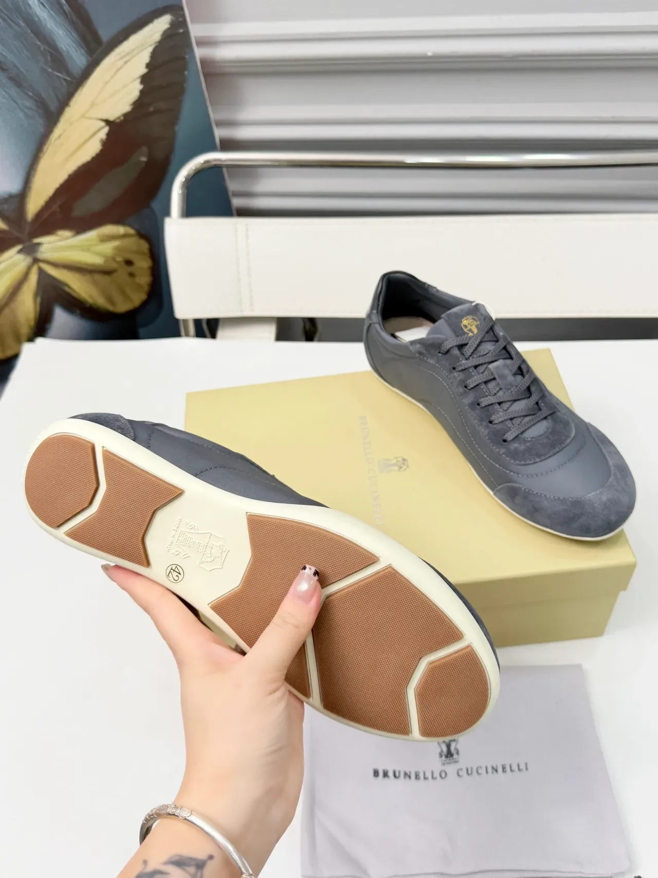 Brunello Cucinelli Gray Suede and Leather Panelled Lifestyle Sneakers 2