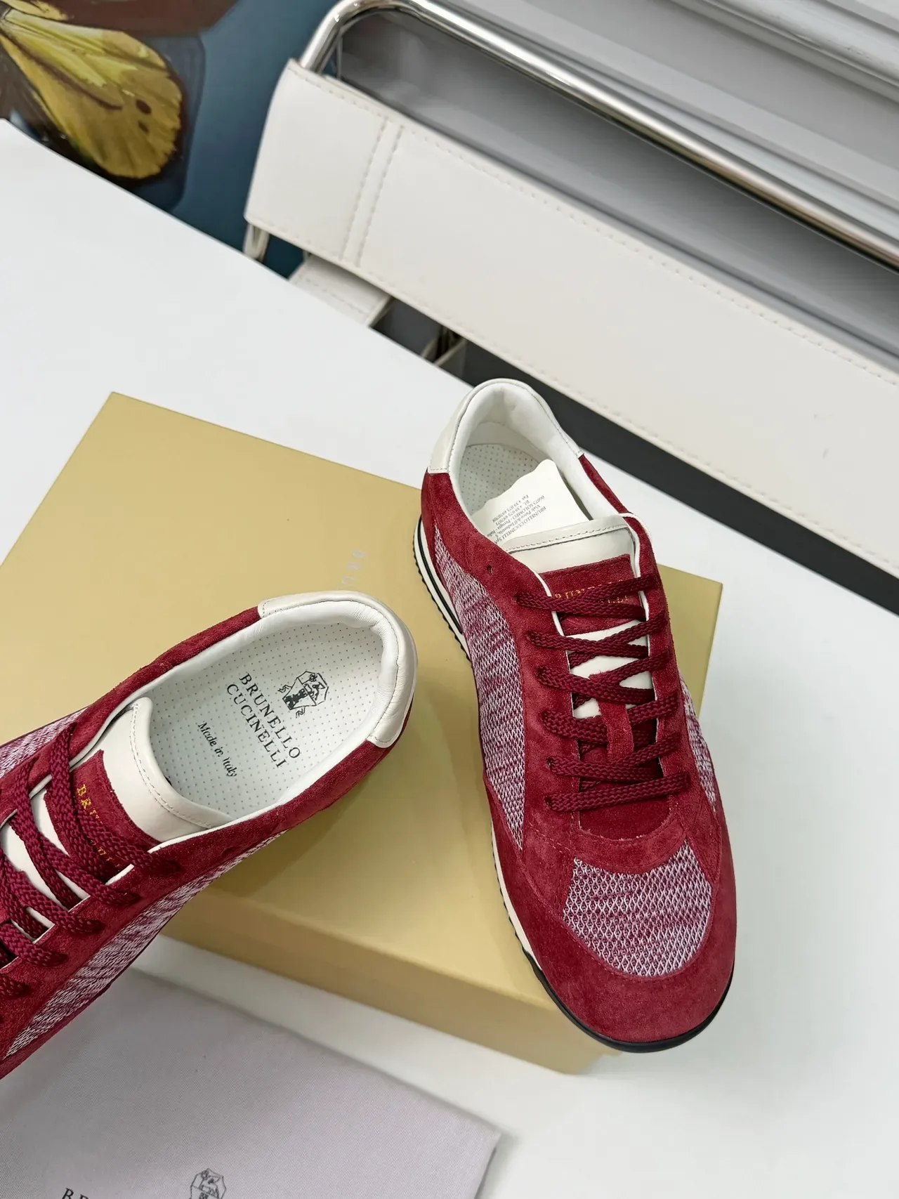 Brunello Cucinelli Chaussures Lifestyle Low-Top en Daim et Maille Rouge 5