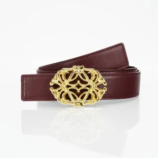 Burgundy Gold Ornate Filigree Buckle Smooth Strap Leather Belt