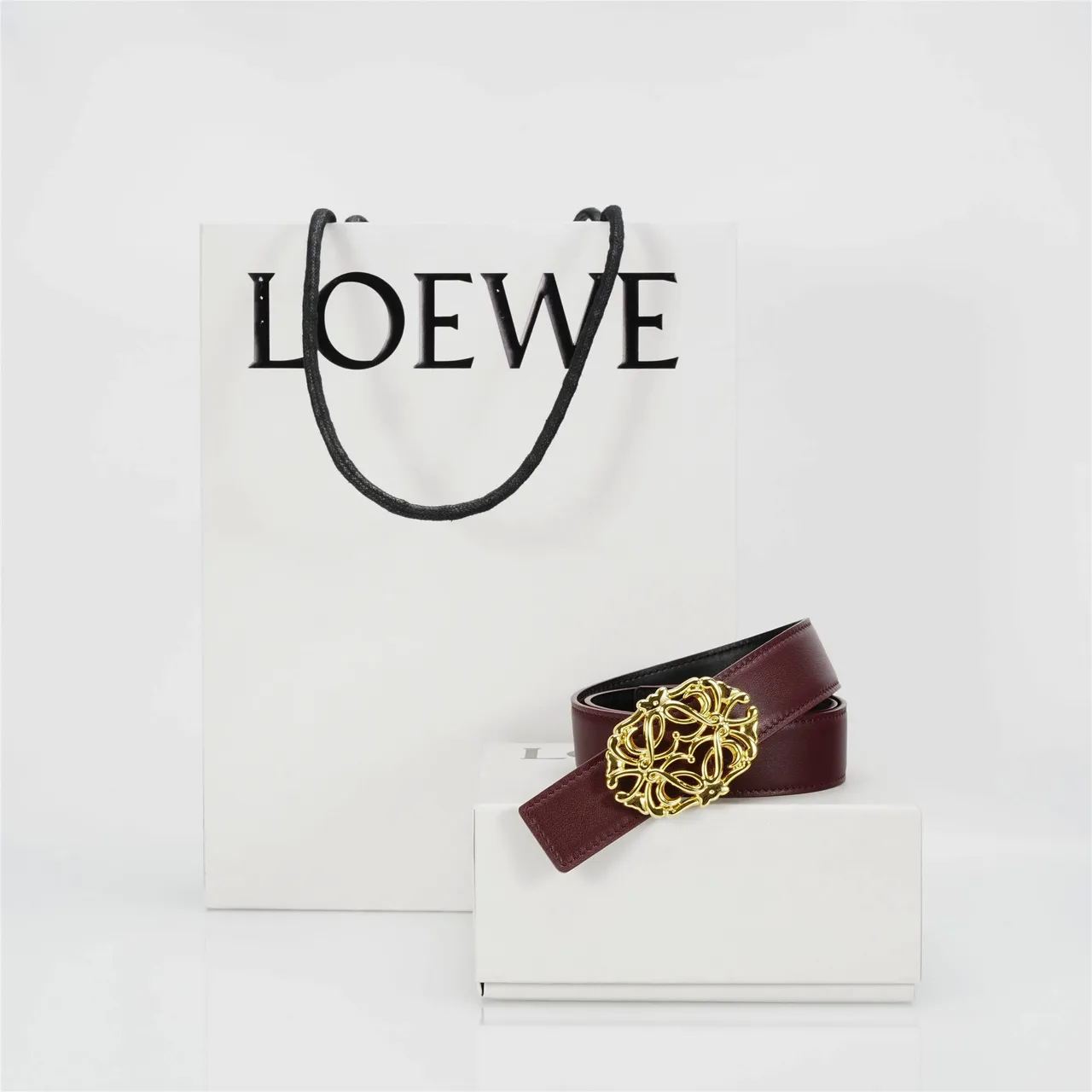 Burgundy Gold Ornate Filigree Buckle Smooth Strap Leather Belt 4