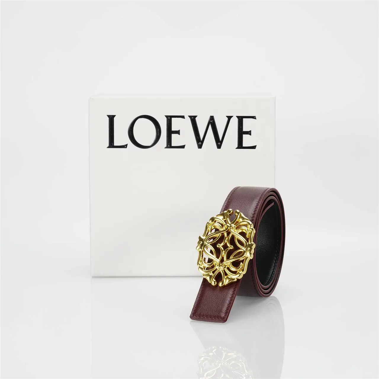 Burgundy Gold Ornate Filigree Buckle Smooth Strap Leather Belt 5