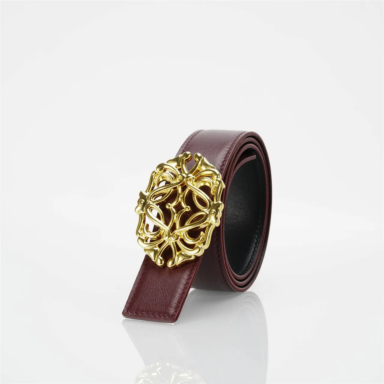 Burgundy Gold Ornate Filigree Buckle Smooth Strap Leather Belt 6