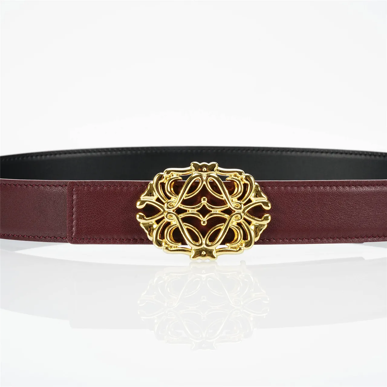Burgundy Gold Ornate Filigree Buckle Smooth Strap Leather Belt 8