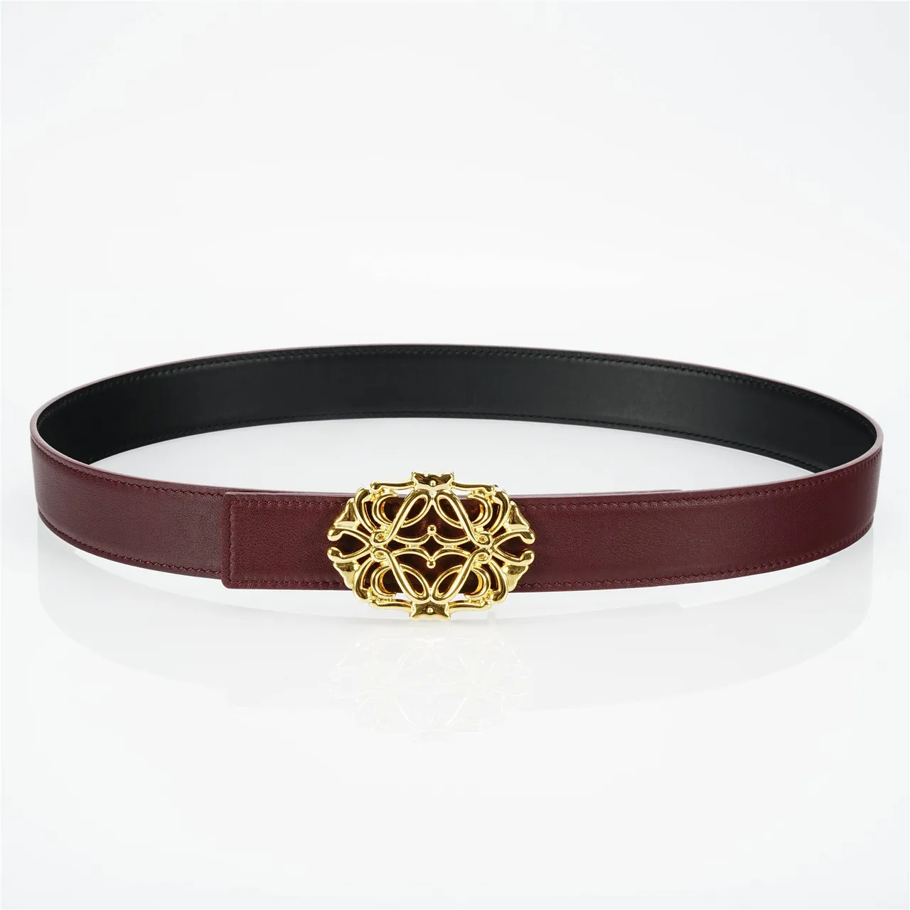 Burgundy Gold Ornate Filigree Buckle Smooth Strap Leather Belt 9