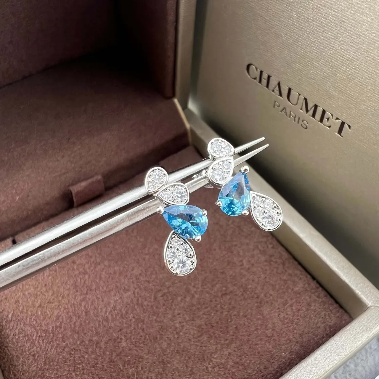 CHAUMET Teardrop Motif Blue and Pavé Stone Earrings 2