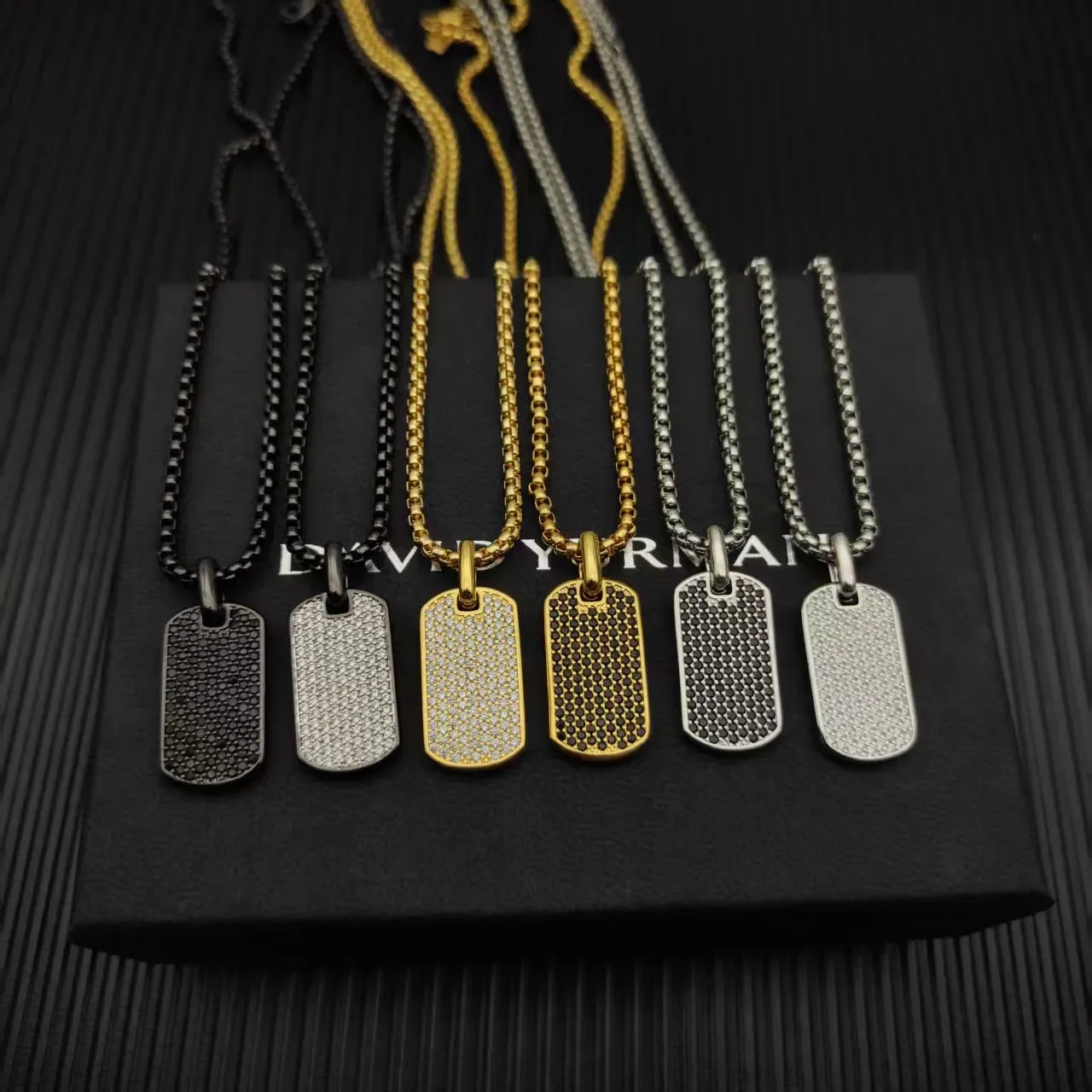 David Yurman Black Beige Dog Tag Silhouette Pavé-Set Stones Necklace 5