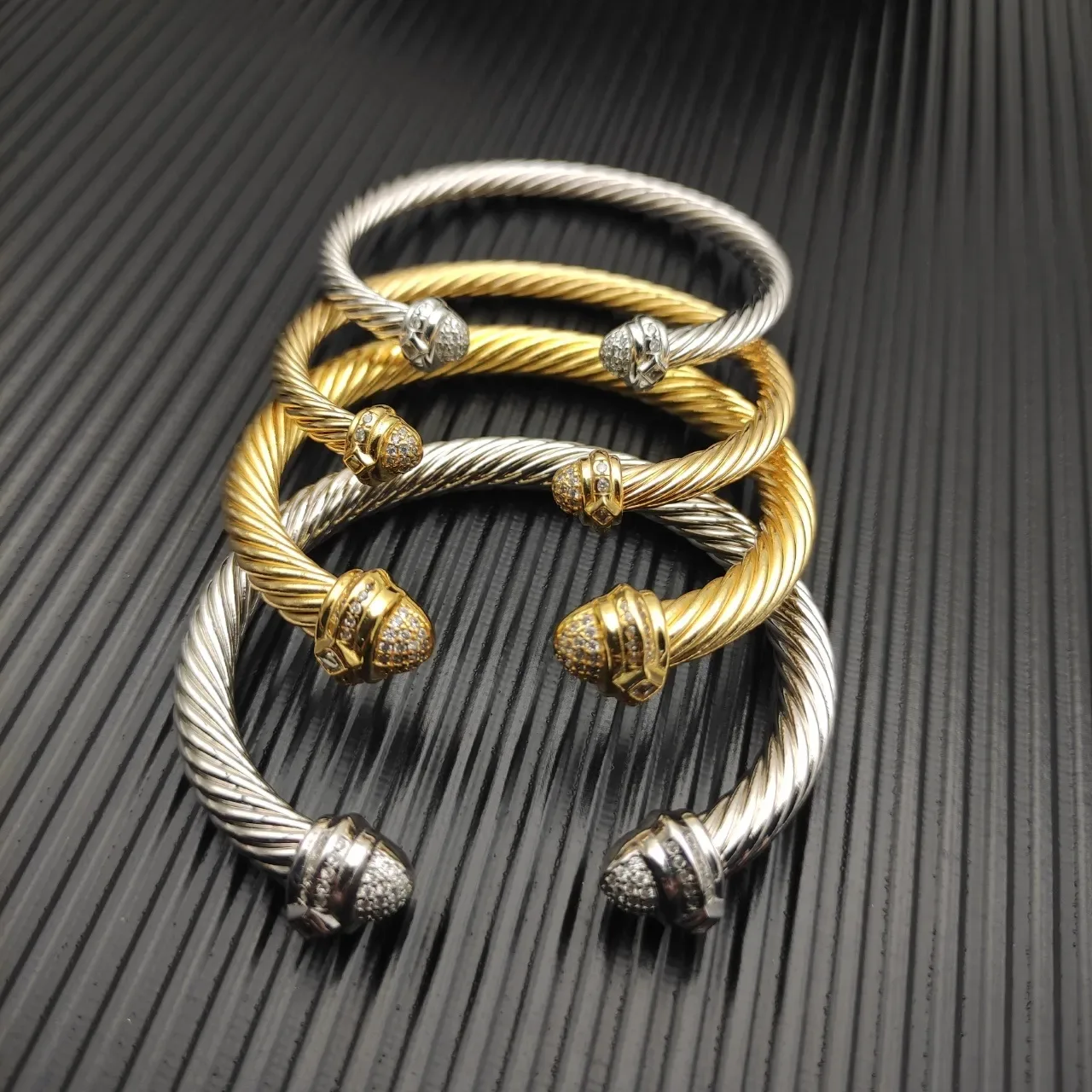 David Yurman Cable Classics Silver Beige Twisted Pavé Diamond End Caps Bracelet 2