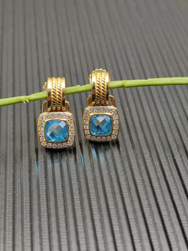 David Yurman Gold-Tone Blue Topaz and Diamond Halo Earrings 6