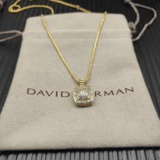 David Yurman সোনালী সাদা বর্গাকার পেভ পেন্ডেন্ট টুইস্টেড কেবল বেল নেকলেস