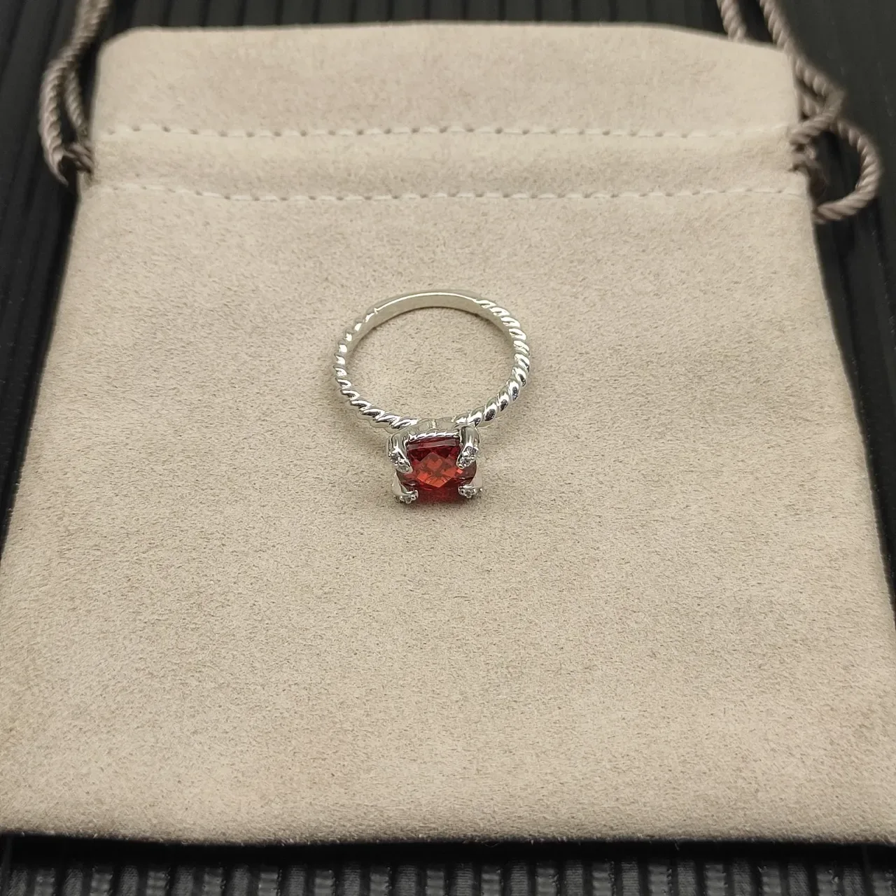 David Yurman Red Silver Twisted Cable Band Cushion-Cut Gemstone Ring 9