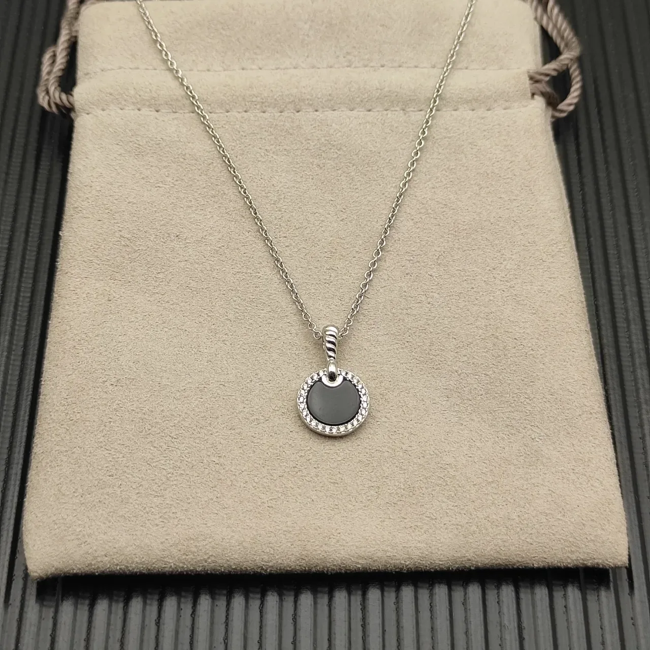 David Yurman Silver Black Cable-Link Chain Disc Center Necklace 8