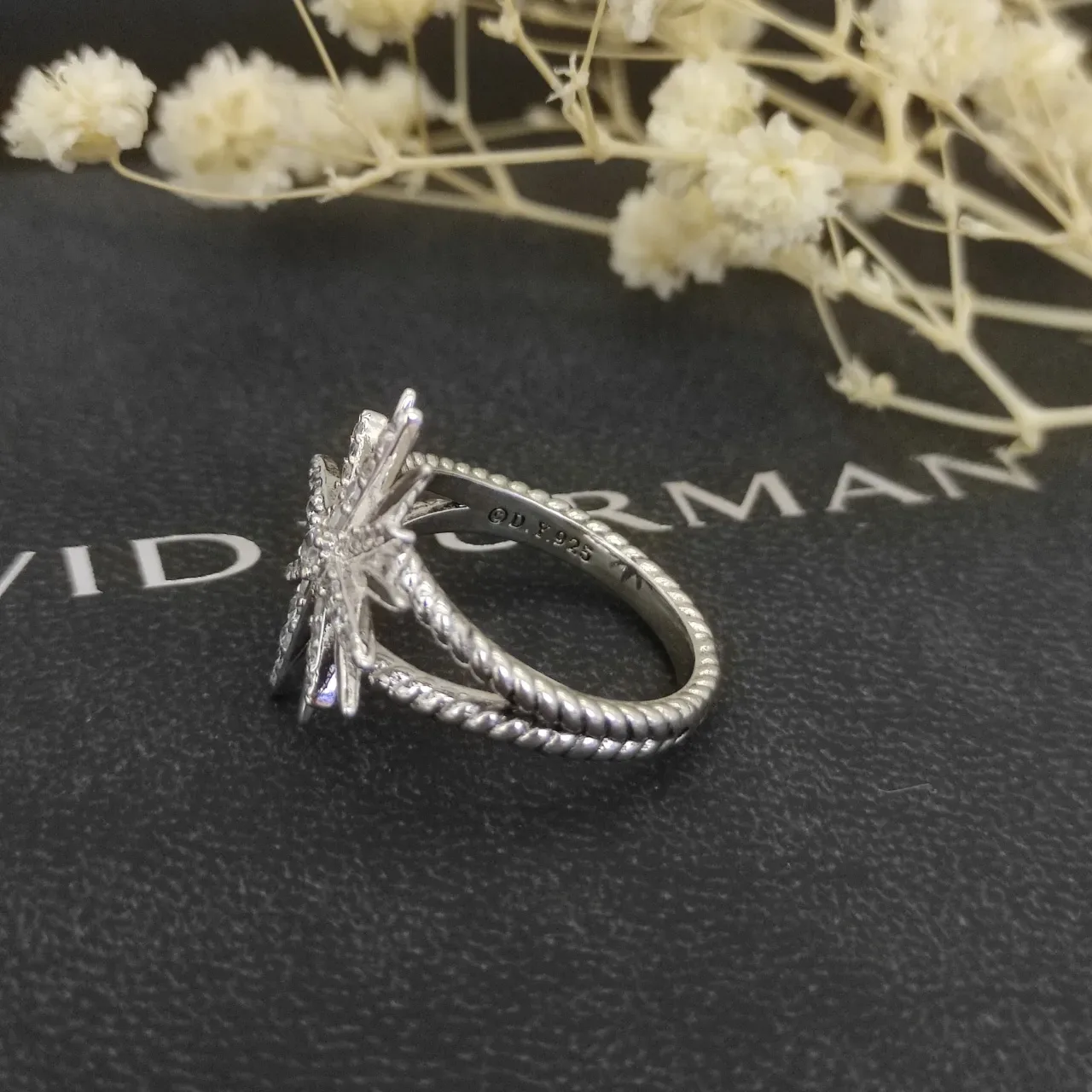 David Yurman Starburst Silver Beige Motif Pavé-Set Stones Ring 3