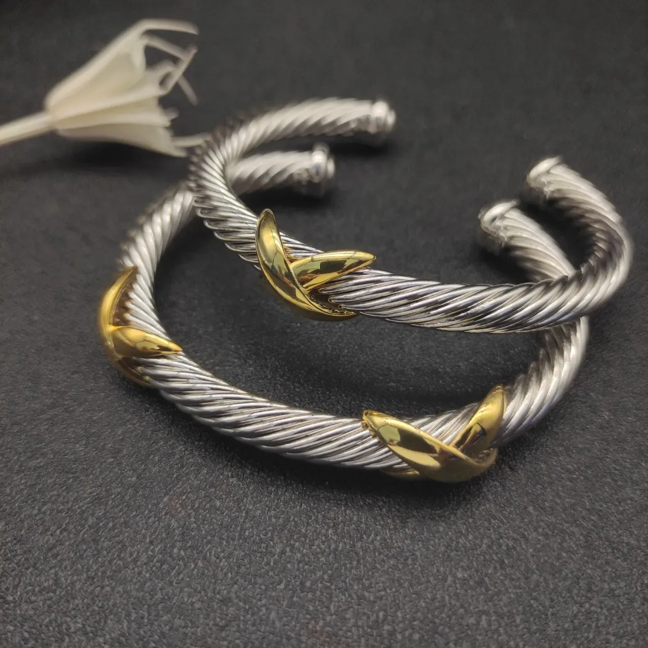 David Yurman Twisted Cable Two-Tone Gold-Accented Open Bangle Bracelets 6