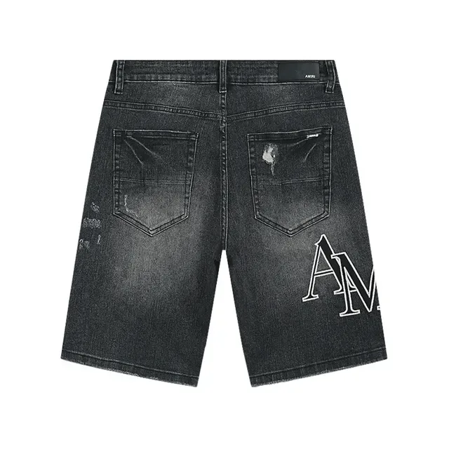 Shorts de denim distressed con lavado oscuro y bordado monograma 3