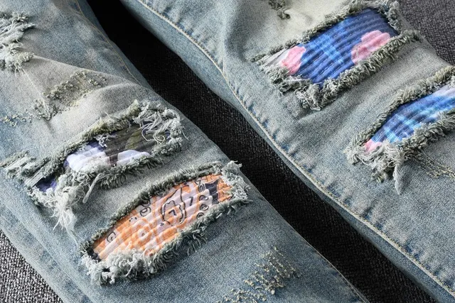 Distressed Patchwork Light-Wash Slim-Fit Jeans 5